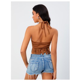 BEAUDRM BEAUDRM Women's Y2K Fringe Halter Western Cowgirl Tie Tank Top Tassel Rivet Faux Suede Hippie Crop Top 70s 60s Vintage Brown Solid Small