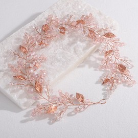 Lenjicons Dainty Rhinestone Beads Hair Vine Gold Leaf Crystal Beads Hairband Handmade Leaf Rhinestone Headpiece Vintage Leaves Beads Hair Vine for Wedding Women (rose gold, free size)