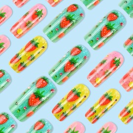 24PCS Cute Press on Nails Long Coffin Fake Nails Red Strawberry False Nails with Colourful Design Full Cover Glue on Nails Cute Reusable Acrylic Nails Kit Holiday DIY for Women Girls