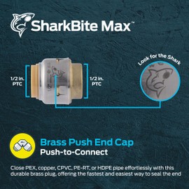 SharkBite Max 1/2 Inch Push Cap, Push to Connect Brass Plumbing Fitting, PEX Pipe, Copper, CPVC, PE-RT, HDPE, UR514A