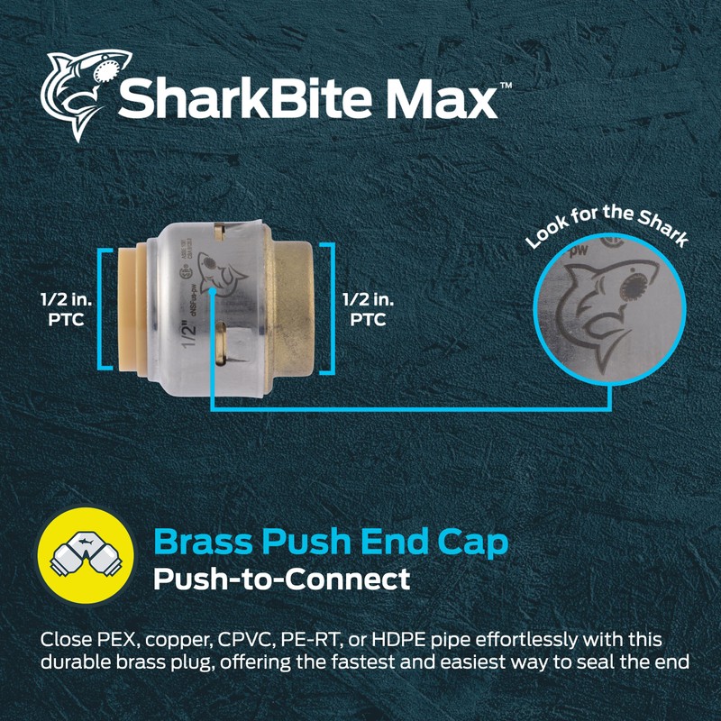 SharkBite Max 1/2 Inch Push Cap, Push to Connect Brass