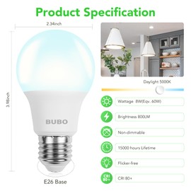 BUBO A19 LED Light Bulbs, 60 Watt Equivalent LED Bulbs, Daylight 5000K, 800 Lumens, E26 Standard Base, Non-Dimmable, 8W Daylight LED Bulbs for Bedroom Living Room Home Office, 6 Pack
