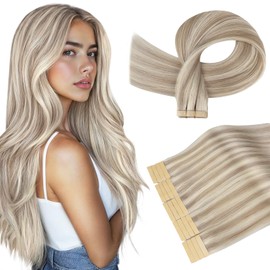 DOORES Tape in Hair Extensions Real Human Hair, Soft Honey Blonde Highlight Platinum Blonde 18 Inch 50g 20pcs, Natural Human Straight Extensions Tape in Straight