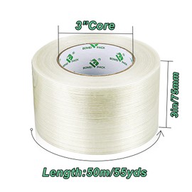 BOMEI PACK 3 inch Filament Tape Mono Reinforced Sticky Tape,75mm x 50m 1 roll 140mic thick Clear Straight Line Filament Strapping Tape,Fiberglass Packing Tape,Heavy Duty moving Sealing Tape