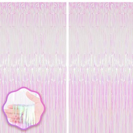 Voircoloria 2 Pack Iridescent Tinsel Foil Fringe Curtains, Iridescent Party Decorations, Metallic Tinsel Party Streamers Backdrop for Mermaid Birthday Baby Shower Slumber Wedding Party Decorations