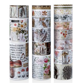 18 Rolls Vintage Washi Tape Set, Mushroom Flower Letter Retro Masking Tape 5/10/15/20/25/30/50/75mm Wide 6.56ft Long Decorative Scrapbook Tape for journaling, Scrapbooking Supplies, Junk Journal Craft