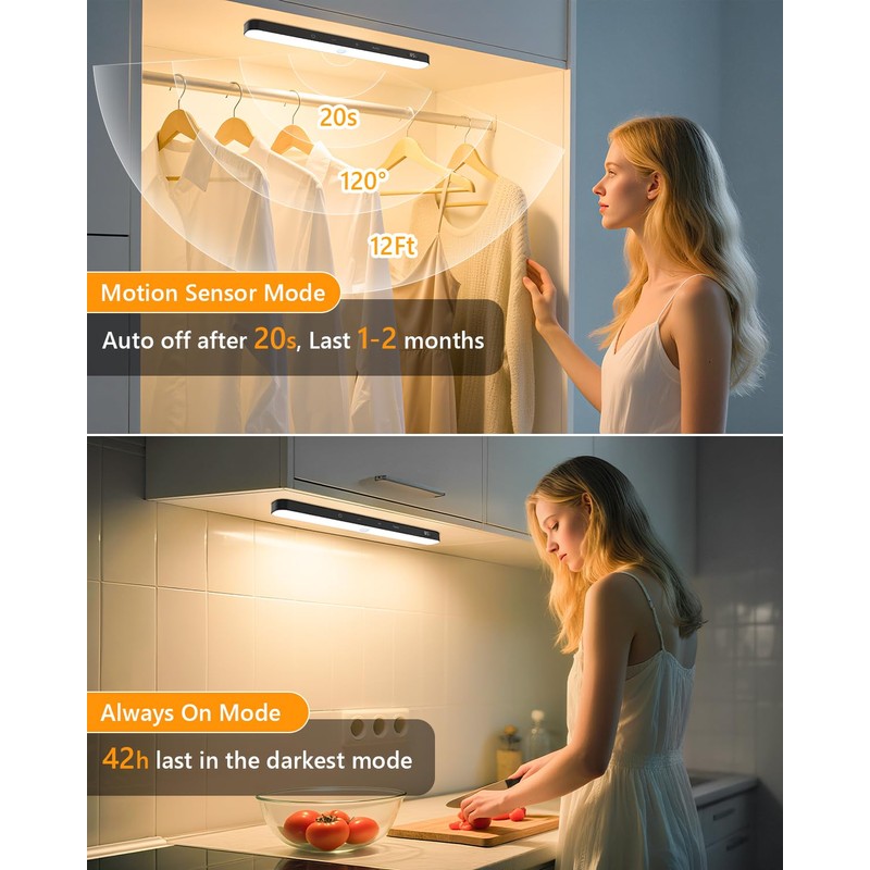 Ferswe Closet Lights Rechargeable, Battery Level Display, Dimmable Battery Powered