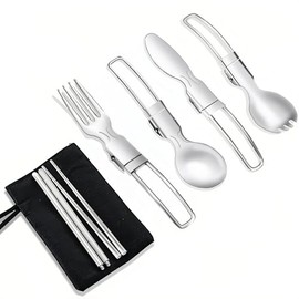 Campinggeschirr Camping Besteck Set für Outdoor - 304 Edelstahl 5 Stück, faltbar Geschirr enthalten, Messer, Löffel, Gabel, Essstäbchen, Spork, Schwarz Tasche, Reisegeschirr, Lunchbox Geschirrset