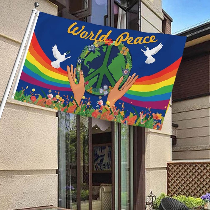 Hztyyier World Peace Flag Dove Rainbow Signs Double Printed World