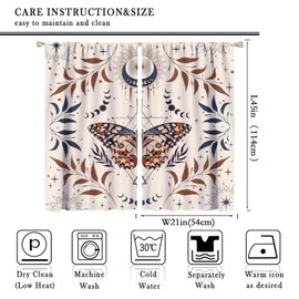 Boho Butterfly Curtains, Vintage Beige Orange Blue Moon Phase Plants Leaves Floral Moth Seamless Pattern, Blackout Rod Pocket Window Treatments for Living Room Bedroom Bathroom (21x45in) x2 Panels