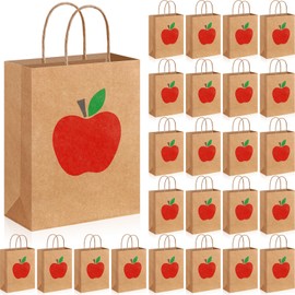 Kolldenn 24 Pieces Back to School Gift Bags with Handle Kraft Apple Treat Candy Goodie Bags for Welcome Back to School Party Favor Supplies
