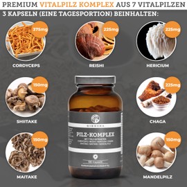 QIDOSHA® Mushroom complex capsules, 180 pieces in pharmacist glass, high-purity dual extracts from the 7 vital mushrooms Cordyceps, Reishi, Hericium, Chaga, Maitake, Shiitake, Agaricus blazei (almond