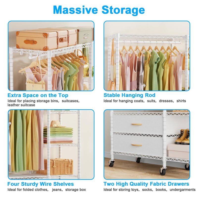 Ulif F3R Heavy Duty Clothes Rack（With Lockable Wheels）Freestanding Clothing Racks