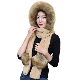 3 in 1 Winter Thermal Beanie Hat Women Girls Faux Fur Hooded Scarf Hats Gloves Earflaps Long Scarfs Ear Cuff Hat with Mitten Pocket Gloves Coral fleece Shawl Wraps Birthday Gift