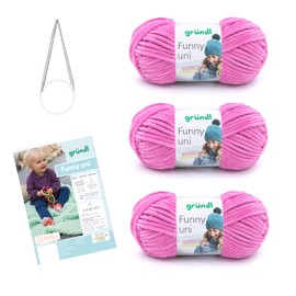 Gründl Knitting Set Funny Plain (Velvety Chenille Yarn) 3 x 100 g + Needles 5 - 6 + Instructions for a Baby Blanket 3442-SB-A10 34 x 19 x 8 cm Fuchsia