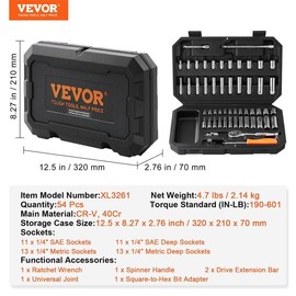 VEVOR Mechanics Tool Set and Socket Set with 1/4" 3/8" 1/2" Drive Deep and Standard Sockets, Max 450 Pcs SAE and Metric Tools, Portable Mechanics Kit Wrench Hardware:_1/4"、3/8" - 221 Pcs