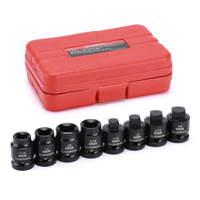 CASOMAN 8PCS 1/2-Inch Drive Pipe Plug Socket Set, Cr-Mo, SAE,