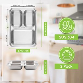 Offiper 304(18/8) Stainless Steel Compartment Plates, Set of 2 Rectangular Divided Trays with 3 Deep Dividers for Portion Control, Metal Sectional Stackable Dishes for Adults, Eating, Snack, Camping