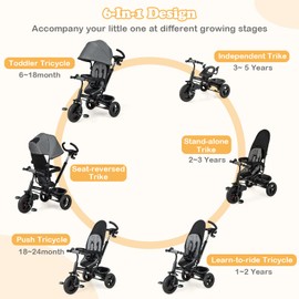 BABY JOY Tricycle, 6 in 1 Tricycle for Toddler w/Reversible Seat, Adjustable Canopy & Parent Handle, 5-Point Safety Belt, PU Wheels and Storage Basket, Push Tricycle for 9-60 Months (Gray)