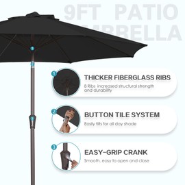 PatioKingdom 9FT Patio Umbrella Outdoor Market Umbrella with Push Button Tilt and Crank, Table Umbrella 8 Sturdy Fiberglass Ribs UV Protection Waterproof for Garden, Pool, Deck, Yard, Black
