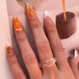 White French Tips Press on Nails Medium Length 3D Flower Orange Pattern Design Fake Nails Almond Glue on Nails Summer Fruit Acrylic Full Cover False Nails Artificial Stick on Nails for Women 24Pcs