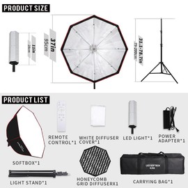 GSKAIWEN 110W Softbox Lighting Kit, 37.4 "/95cm Large Octagonal Parabolic Soft Box with Honeycomb Grid/Remote/Stand, Photography Lighting for Studio Video Recording, Portrait, Live Streaming (1 Pack)