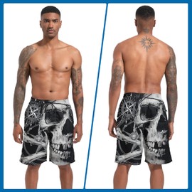 FT FENTENG Mens Swim Trunks with Compression Liner, Pirate Skull Men Bathing Suit Swimming Trunks 9 Inch Inseam Board Shorts Men's Swimwear, 4 Way Stretch Beach Shorts Quick Dry Swimsuits, M
