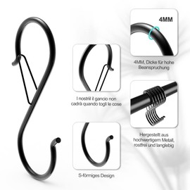 GAOHUI Pack of 12 S Hooks for Hanging, S Hooks Stainless Steel with Safety Buckle, 9 cm S Hooks, Stainless Steel, Anti-Drop Stainless Steel Hanging Hooks, for Utensils and Cupboard Rail, Black