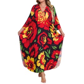 Orshoy Women's Kaftan Beach Dress Long Summer Dress Maxi Dress Bikini Cover Up Boho Lightweight Dresses V-Neck Dress Long Casual Dress Sleepwear Beach Poncho, Black, red, yellow, green, One size fits