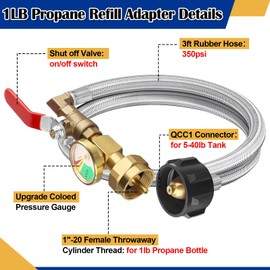 Boltigen Upgraded Propane Refill Adapter for 1 lb. Tanks, 3ft Stainless Steel Braid QCC1 Type Propane Tank Refill Adapter Filler Connector with Gauge & Valve, for Filling 1lb Bottles from 20lb Tank