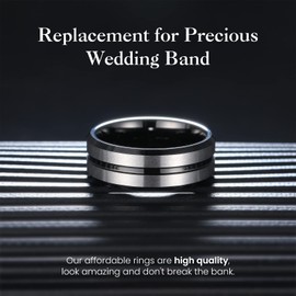 King Will Tungsten Carbide Wedding Ring for Men - 8mm Black Silver Matte Finish Grooved Center Comfort Fit Mens Wedding Band for Everyday Wear 11
