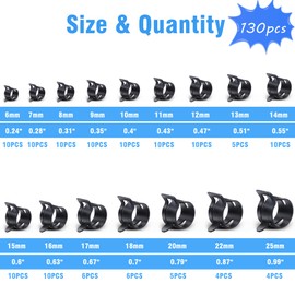 PEROMI 130Pcs 6-25mm Spring Band Hose Clamps With Swivel Flat Hose Clamp Plier Assortment Kit, Spring Band Type Fuel Line Silicone Vacuum Hose Steel Clamp,Low Pressure Air Clip Clamp