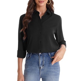 J.VER Women's Button Down Shirt Long Sleeves Solid Dress Shirts Work Business Casual Blouse Fashion Chiffon Tops Black 2XL