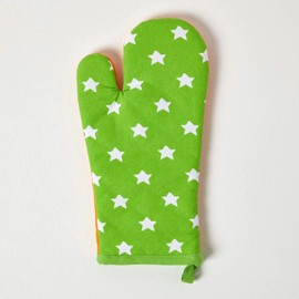 HOMESCAPES - Pure Cotton Oven Glove - Stars - Lime Green Orange - 18 x 32 cm - Fully Coordinated Washable Kitchen Linen