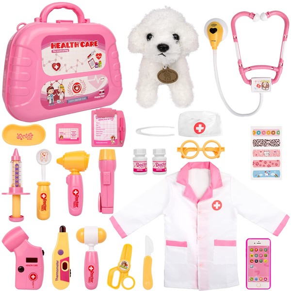 Meland Toy Doctor Kit for Girls - Vet Play Set for Kids with Medical Toys, Carrying Case, Doctor Toys for Little Girls Kids Age 3,4,5,6 Year Old for Birthday Gift