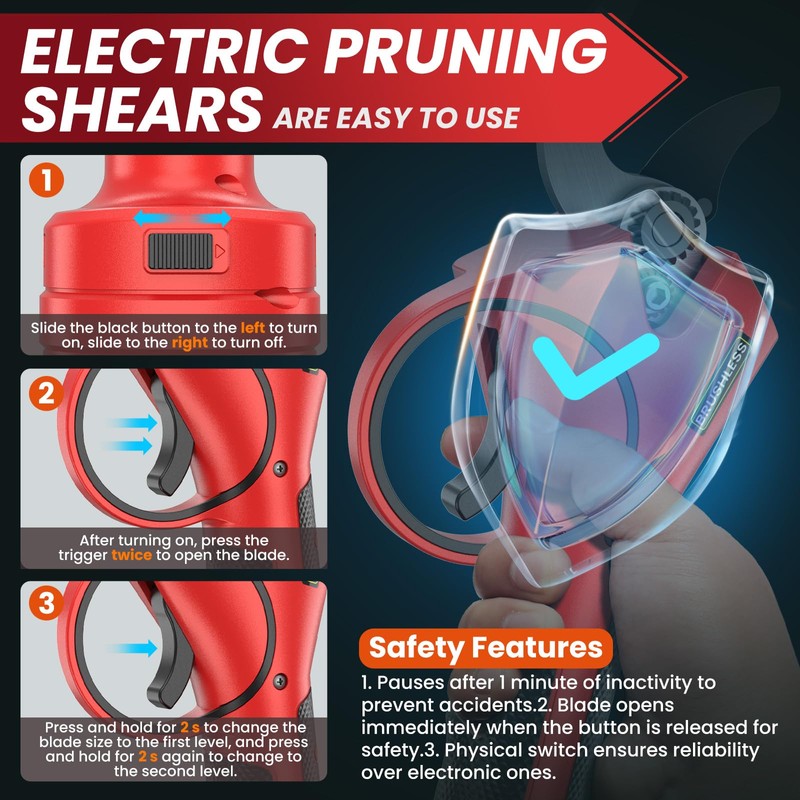Electric Pruning Shears,1.6"Cordless Pruning Shears for Gardening,SK7 Blades,800W Brushless Motor,Battery