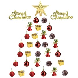 Set of 33 Mini Christmas Baubles, 4 cm Christmas Baubles Red Gold with Tree Topper and Merry Christmas Pendant, Small Christmas Tree Baubles, Plastic Christmas Tree, Pine Cones, Bells Tree Baubles