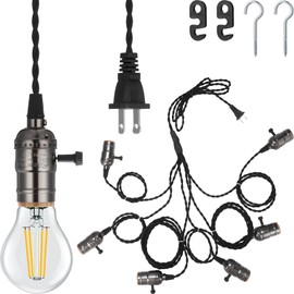 Tujoe 1 Pcs Vintage Pendant Light Sockets Light Cord Kit with Switches DIY Bulb Socket with Cord for E26 E27 Lamp Socket Lantern Bedroom Living Room Decor (1 Plug with 6 Sockets,Black)