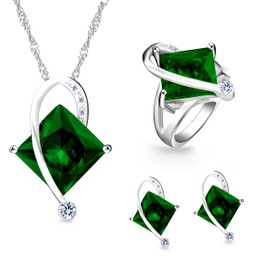 Uloveido Charm Rainbow Created Topaz Mystical Large Square Crystal Necklace Matching Stud Earrings Rings White Gold Plated Wedding Jewellery Set (Multicolor, Red, Green, Blue, Purple) T295, Brass