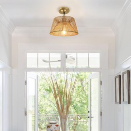 Pathson Boho Rattan Pendant Light, Modern Handmade Woven Farmhouse Chandelier, Adjustable Textile Cord Woven Hanging Lamp Fixture for Living Room Kitchen Island Dining Room Bedroom