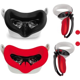 OOAVR Accesorios para Controlador VR de Oculus Quest 2 - Funda de Agarre, 2 Almohadillas Faciales de Silicona, Cubiertas para Joystick (Rojo/Set de 4 Piezas)