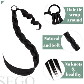 SEGO Long Braided Ponytail Extension With Elastic Hair Tie 150G Synthetic Hairpiece Straight Wrap Around Ponytail Hair Extensions - 32 Inch, Medium Brown