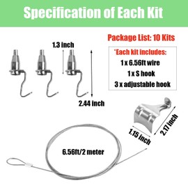 10 Set Adjustable Picture Hanging Wire Kit (6.56FT Wire, S Hook and 3 Adjustable Hooks), Gallery System Picture Rail Art Hanging Kit Exhibition Art Gallery Frame Display(Frame NOT Included)
