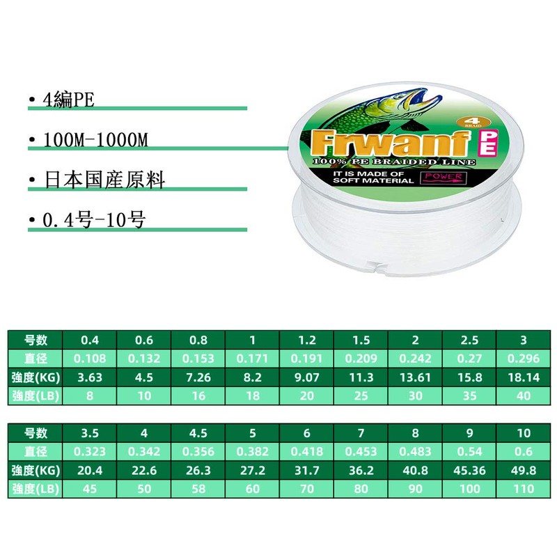Frwanf Line Fishing Line X4, 322.8 ft (150 m), Solid