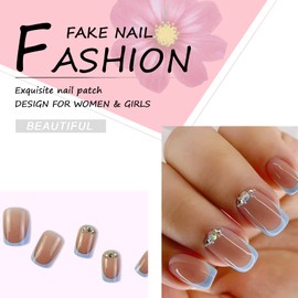 24Pcs Square False Nails Short, French Tip Stick on Nails Nude Blue Press on Nails, Fake Nails Set with Rhinestones Designs, Acrylic Full Cover Glue-on Nails for Women Girls
