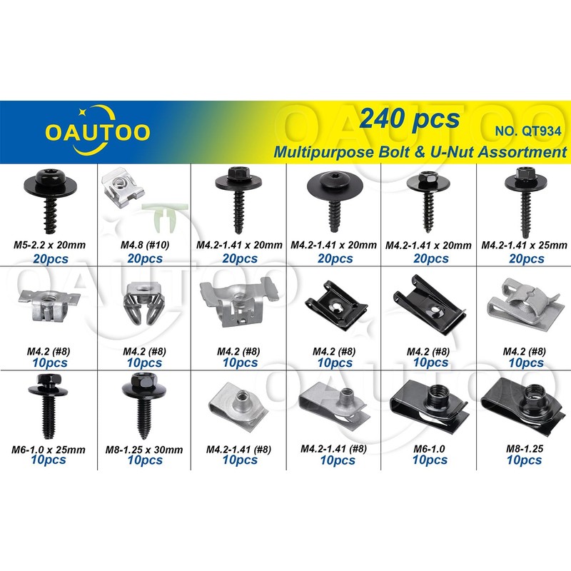 OAUTOO 240pcs Body Multipurpose Bolt & U-Nut Kit Assortment for