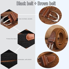 YUCFOREN 2 Pack 1'' Narrow Width Elastic Belt, Stretch Braided Skinny Fabric Woven Women or Girl Jeans Dress Casual Belt, Black/Brown, Medium 36"-38"