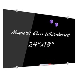 DEVELOP Magnetic Black Glass Dry Erase Board, 24 x 18 Inches (60 x 45 cm), Small Frameless Wall Mounted Writing Glass Whiteboard with 4 Markers, 2 Magnets, 1 Eraser