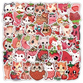 53pcs Cute Cartoon Strawberry Cat Stickers for Kids Aesthetic Friuts Stickers for Girls Boys Teens Adults Vinyl Waterproof Stickers for Water Bottles Laptop Skatebord Phone Scrapbooking