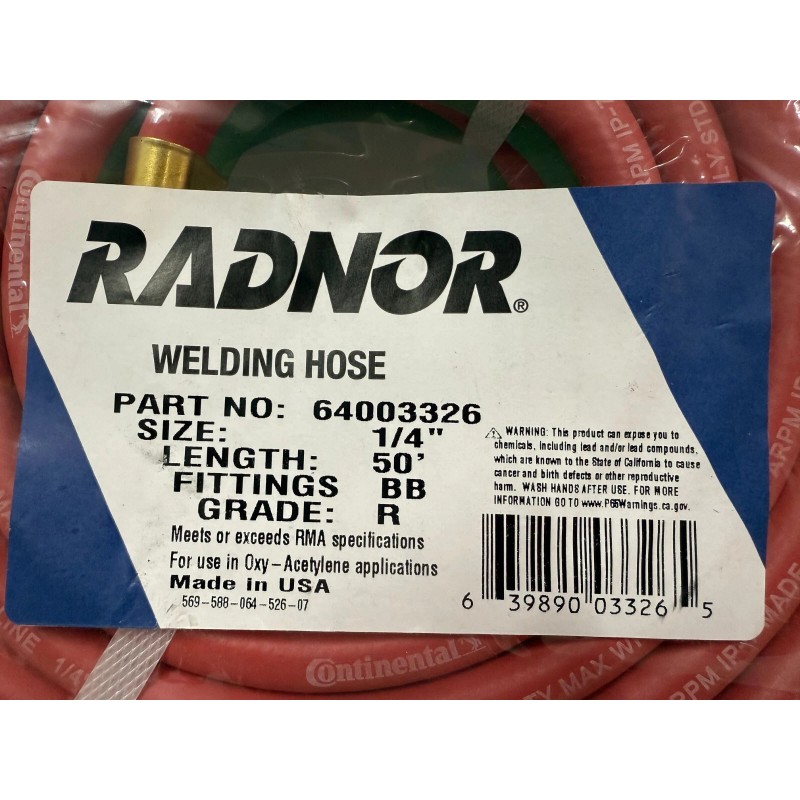 Radnor 1/4" x 50' EPDM Rubber Twin Welding Hoses W/BB